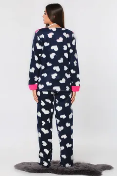 Love Baskılı Ön Işlemeli Polar Kadın Pijama Takımı Fuşya