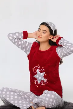Ön Işlemeli Polar Kadın Pijama Takımı Bordo