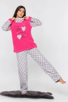 Ön Işlemeli Puantiyeli Polar Kadın Pijama Takımı Fuşya