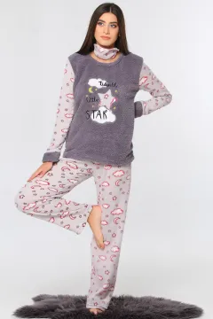 Ön Işlemeli Star Baskılı Polar Kadın Pijama Takımı Füme