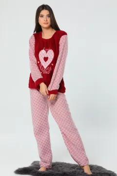 Kalp Nakışlı Kadın Polar Pijama Takımı Bordo
