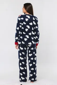 Love Baskılı Ön Işlemeli Polar Kadın Pijama Takımı Bordo