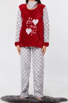 Ön Işlemeli Puantiyeli Polar Kadın Pijama Takımı Bordo