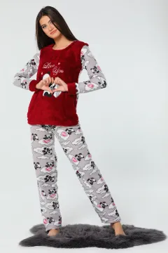 Love You Baskılı Kadın Polar Pijama Takımı Bordo