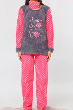 Ön Işlemeli Kalp Baskılı Polar Kadın Pijama Takımı Füme