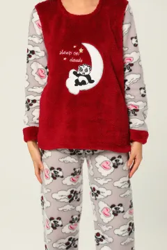 Panda Desenli Kadın Polar Pijama Takımı Bordo