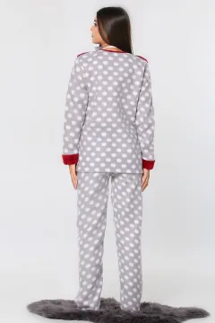 Ön Işlemeli Puantiyeli Polar Kadın Pijama Takımı Bordo