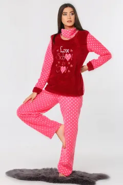 Ön Işlemeli Kalp Baskılı Polar Kadın Pijama Takımı Bordo