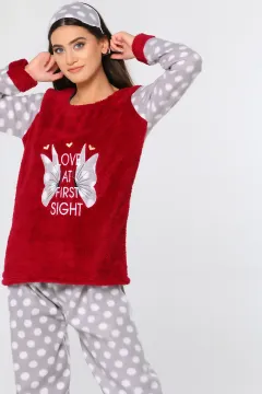 Ön Işlemeli Kelebek Desenli Polar Kadın Pijama Takımı Bordo