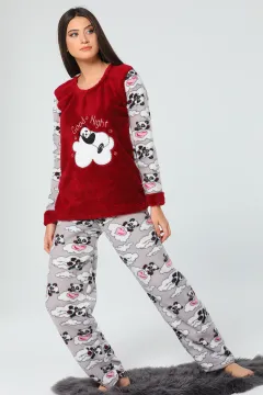 Good Night Baskılı Kadın Polar Pijama Takımı Bordo