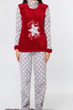 Ön Işlemeli Polar Kadın Pijama Takımı Bordo