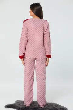 Kalp Nakışlı Kadın Polar Pijama Takımı Bordo