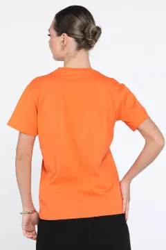 Ön Nakış Detaylı Bisiklet Yaka Kadın Oversize Tişört Orange