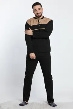 Ön Yarım Düğmeli Renk Garnili Erkek Pijama Takımı Siyahbej