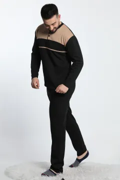 Ön Yarım Düğmeli Renk Garnili Erkek Pijama Takımı Siyahbej