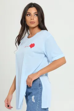 Önü Kalp Arkası Love Baskılı Duble Kol Kadın T-shirt Mavi