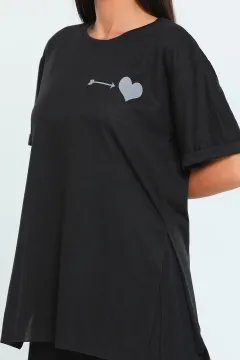 Önü Kalp Arkası Love Baskılı Duble Kol Kadın T-shirt Siyah