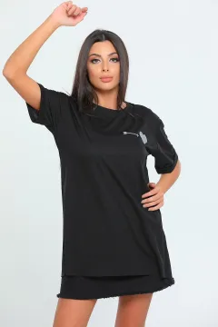 Önü Kalp Arkası Love Baskılı Duble Kol Kadın T-shirt Siyah