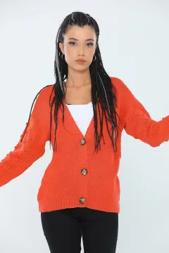 Düğmeli Kol Detaylı Kadın Triko Hırka Orange