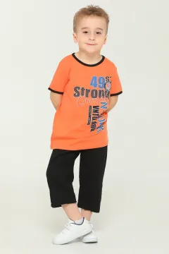Erkek Çocuk Bisiklet Yaka Baskılı T-shirt Kapri İkili Takım Orange
