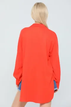 Kadın Arkası Uzun Yaka Taş Detaylı Salaş Tunik Gömlek Orange