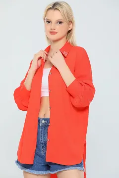 Kadın Arkası Uzun Yaka Taş Detaylı Salaş Tunik Gömlek Orange