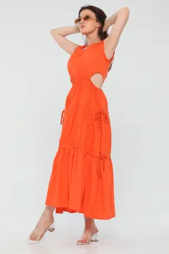 Kadın Bel Dekolteli Eteği Bağcık Detaylı Sıfır Kol Yazlık Elbise Orange