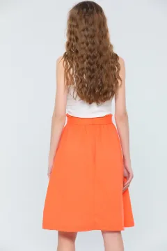 Kadın Bel Detaylı Ön Yırtmaçlı Kloş Etek Orange