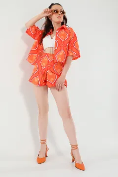 Kadın Desenli Gömlek Yüksek Bel Şort İkili Takım Orange