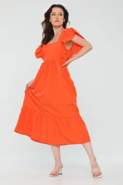 Kadın Kare Yaka Kol Fırfırlı Midi Boy Yazlık Elbise Orange