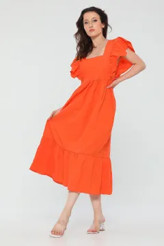 Kadın Kare Yaka Kol Fırfırlı Midi Boy Yazlık Elbise Orange
