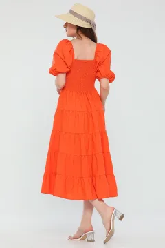 Kadın Kare Yaka Prenses Kol Gipeli Yazlık Midi Boy Elbise Orange