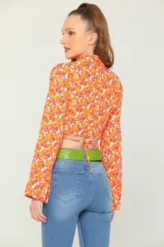 Kadın Kendinden Bağlamalı Desenli Crop Tarz Bluz Orange