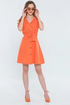 Kadın Kruvaze Yaka Kısa Kollu Salaş Mini Elbise Orange