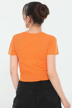 Kadın Likralı Bisiklet Yaka Baskılı Kaşkorse Crop Bluz Orange