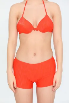 Kadın Likralı Yüksek Bel Boyundan Bağlamalı Hafif Destekli Şortlu Bikini Takım Orange