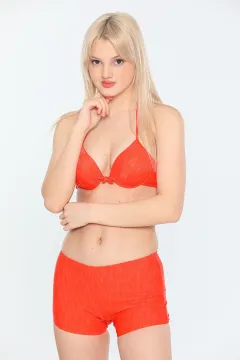 Kadın Likralı Yüksek Bel Boyundan Bağlamalı Hafif Destekli Şortlu Bikini Takım Orange
