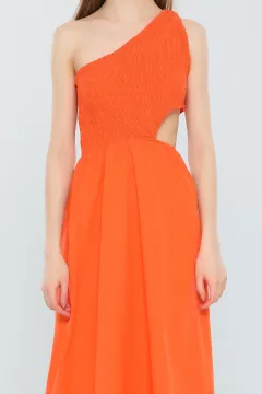 Kadın Tek Omuz Bel Dekolteli Uzun Elbise Orange