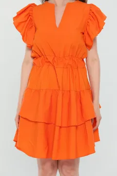 Kadın V Yaka Kol Volanlı Eteği Katlı Yazlık Mini Elbise Orange