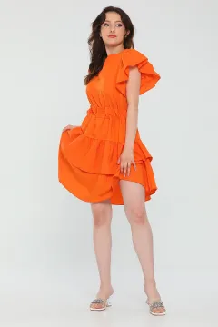 Kadın V Yaka Kol Volanlı Eteği Katlı Yazlık Mini Elbise Orange