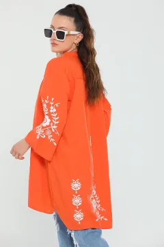 Kadın Yaka Detaylı Kapri Kol Çiçek Nakışlı Salaş Tunik Orange