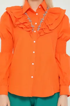 Kadın Yakası Taşlı Fırfırlı Gömlek Orange
