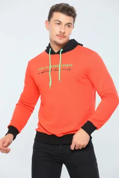 Erkek Likralı Kapüşonlu Slim Fit Sweatshirt Orange
