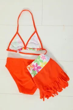 Kız Çocuk Üçgen Kesim Baskılı Etekli Bikini Takım Orange