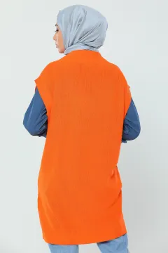 Kadın Likralı V Yaka Uzun Triko Süveter Orange