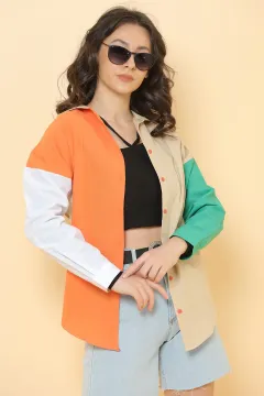 Kadın Oversize Renk Bloklu Poplin Gömlek Orangevizon
