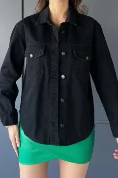 Oversize Çift Cepli Kadın Jean Kot Ceket Siyah