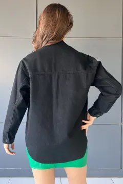 Oversize Çift Cepli Kadın Jean Kot Ceket Siyah