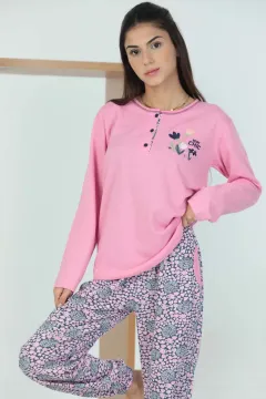 Kadın Ön İşleme Detaylı Desenli Pijama Takımı Pembe