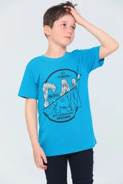 Erkek Çocuk Likralı Bisiklet Yaka Baskılı T-shirt Petrol
